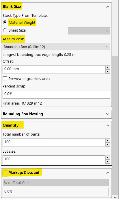 Blank size in costing pane