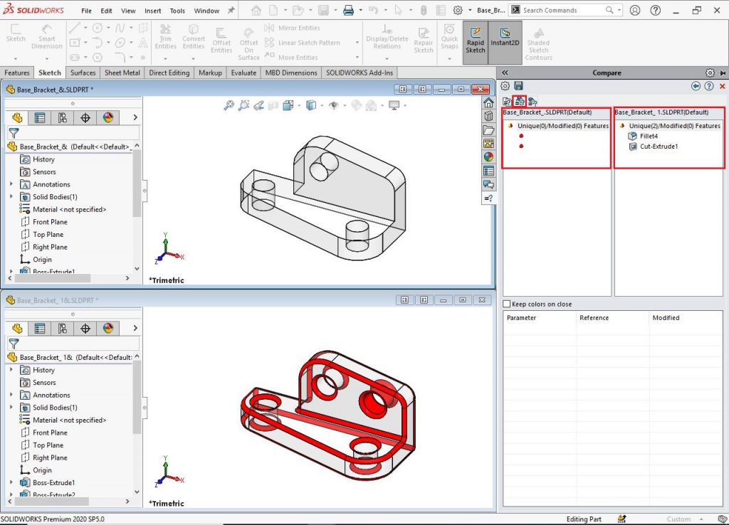 Compare documents Feature Result in SolidWorks