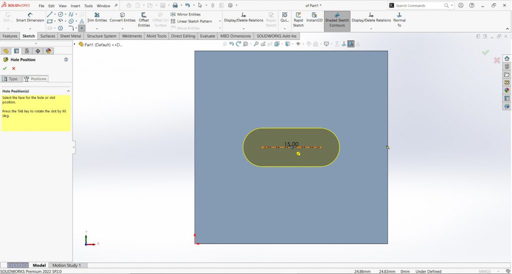Hole Wizard in Solidworks 2022 - Horizontal orientation