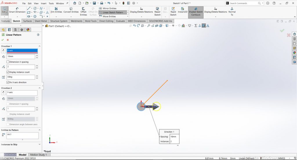 Linear Pattern using sketch in Solidworks 2022