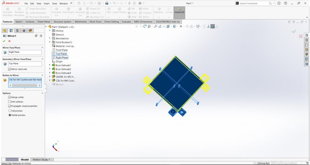 Mirroring with seed feature in SolidWorks 2022