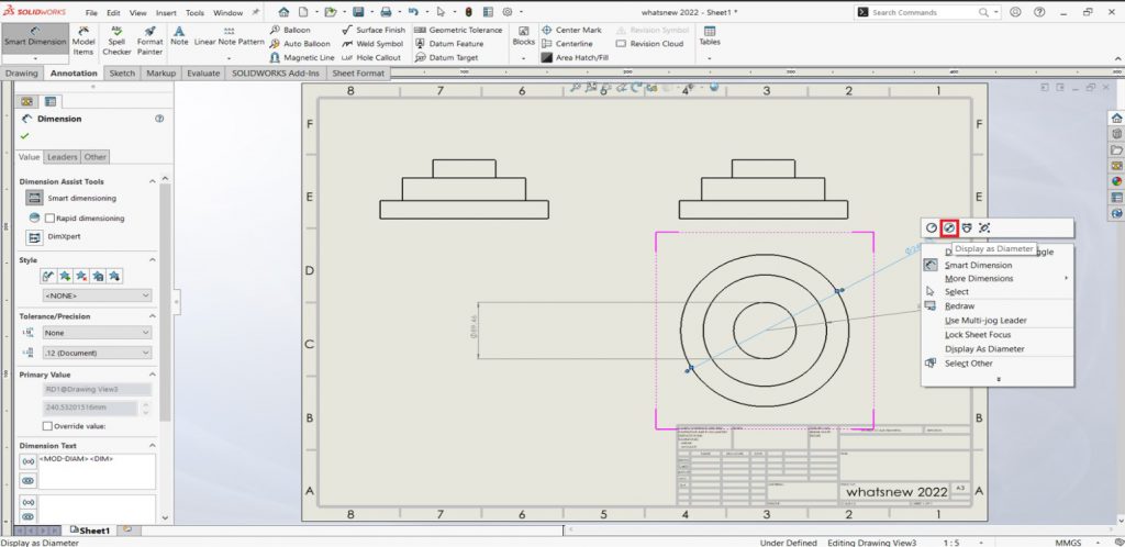New Dimensioning feature in SolidWorks 2022 - 2