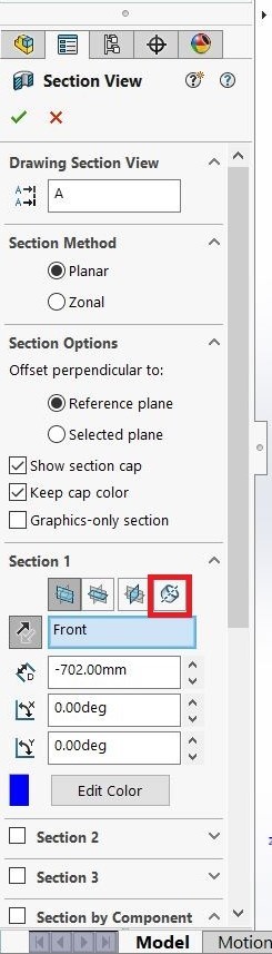rotating section view in Solidworks 2022