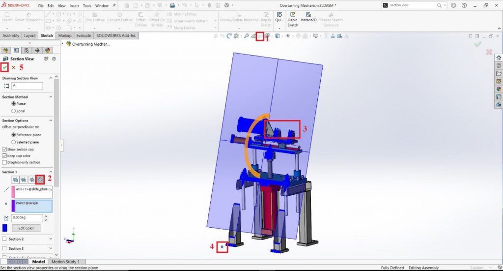 rotating section view with axis in Solidworks 2022