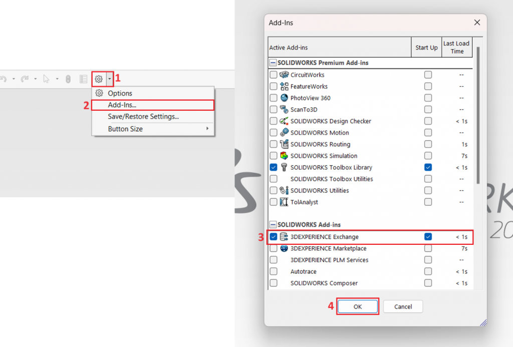 Initially ensure certain SOLIDWORKS' "3DEXPERIENCE Exchange" Add-in is activated.