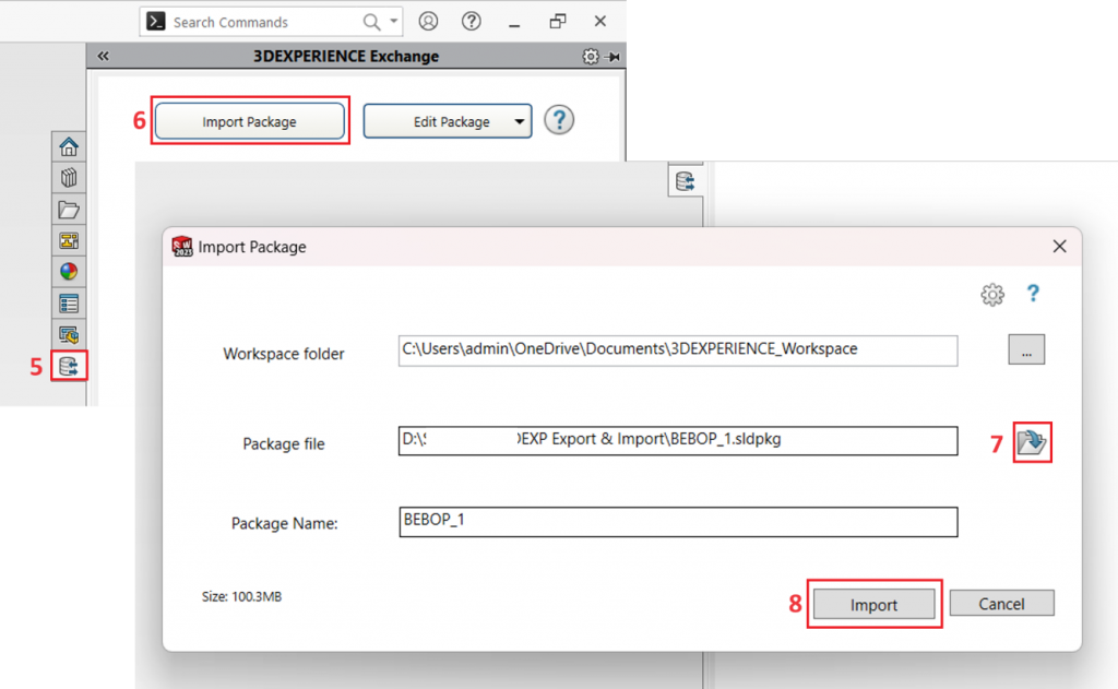  To open the ".sldpkg" file that you received, click the "Open" icon in the "Import Package" Window. A working folder will be created when importing this package, and its default path will be taken automatically
