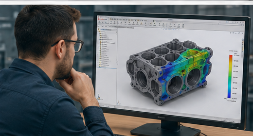 Engineer analysing a CAD model and SOLIDWORKS simulation results