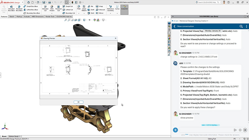 SOLIDWORKS 2027 AI-powered drawing generation with LEO